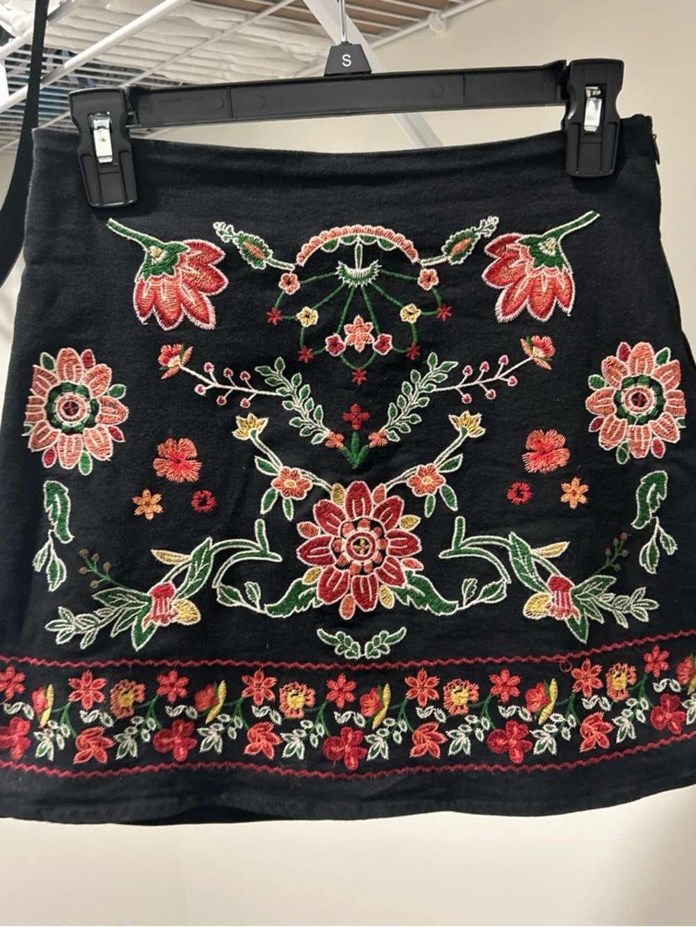 Black Mini Skirt with Multicolor Floral Embroidery